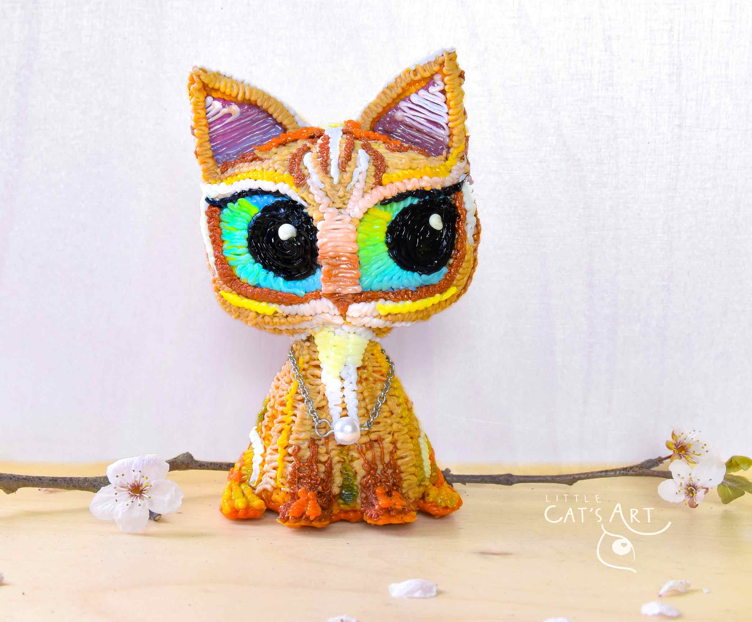 Ginger tabby cat figurine with mini pearl necklace