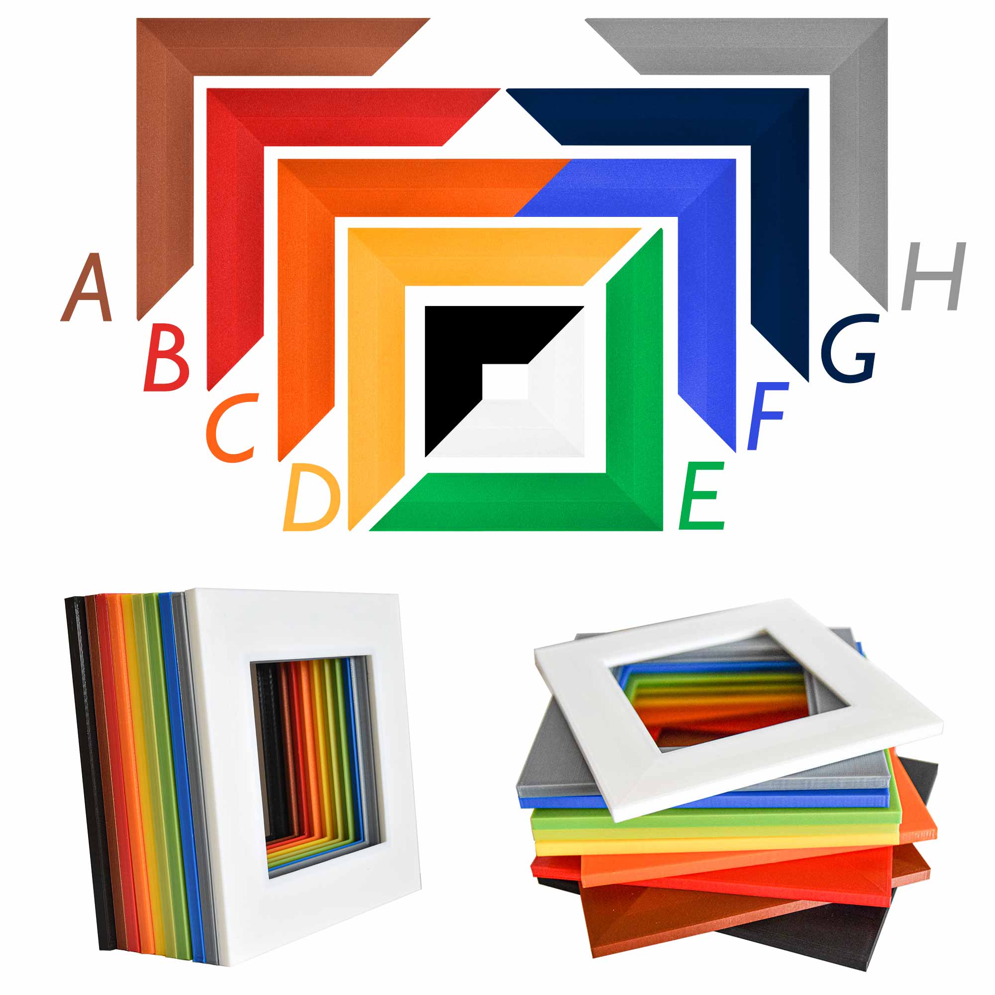 3D printed frames in different colours