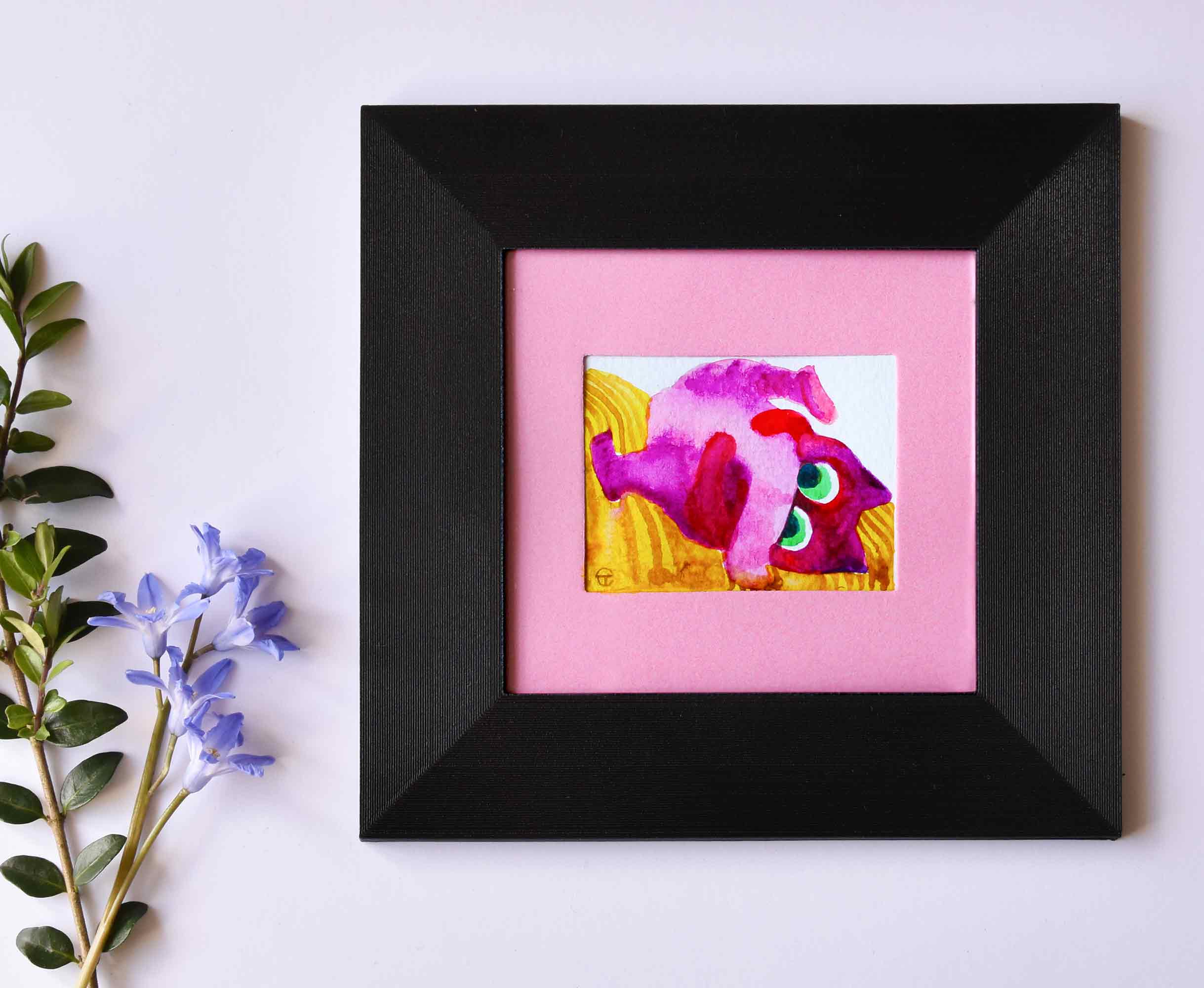Fluffy playful pink kitty watercolour