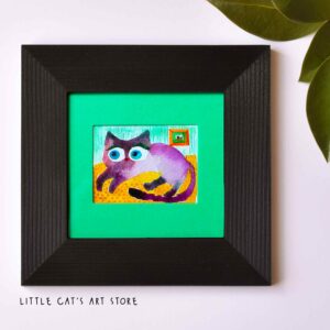 Siamese cat with Little Cat's Art micro painting on the background