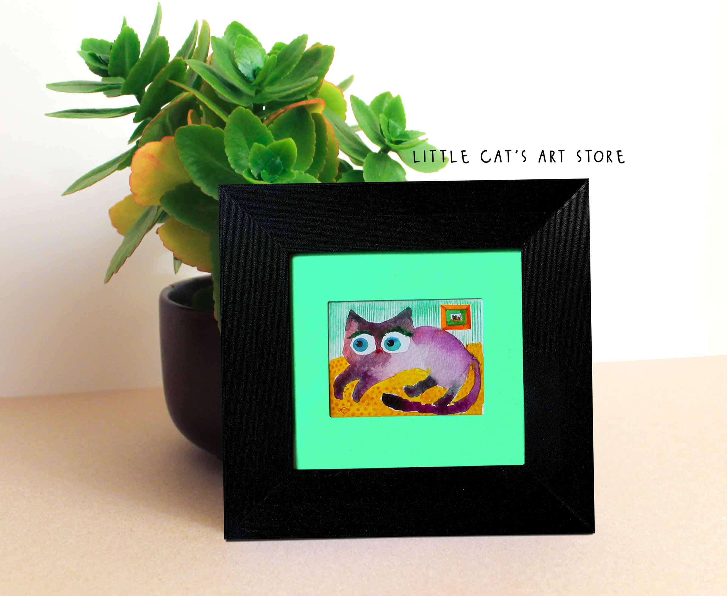Siamese cat watercolour lean on a plant pot