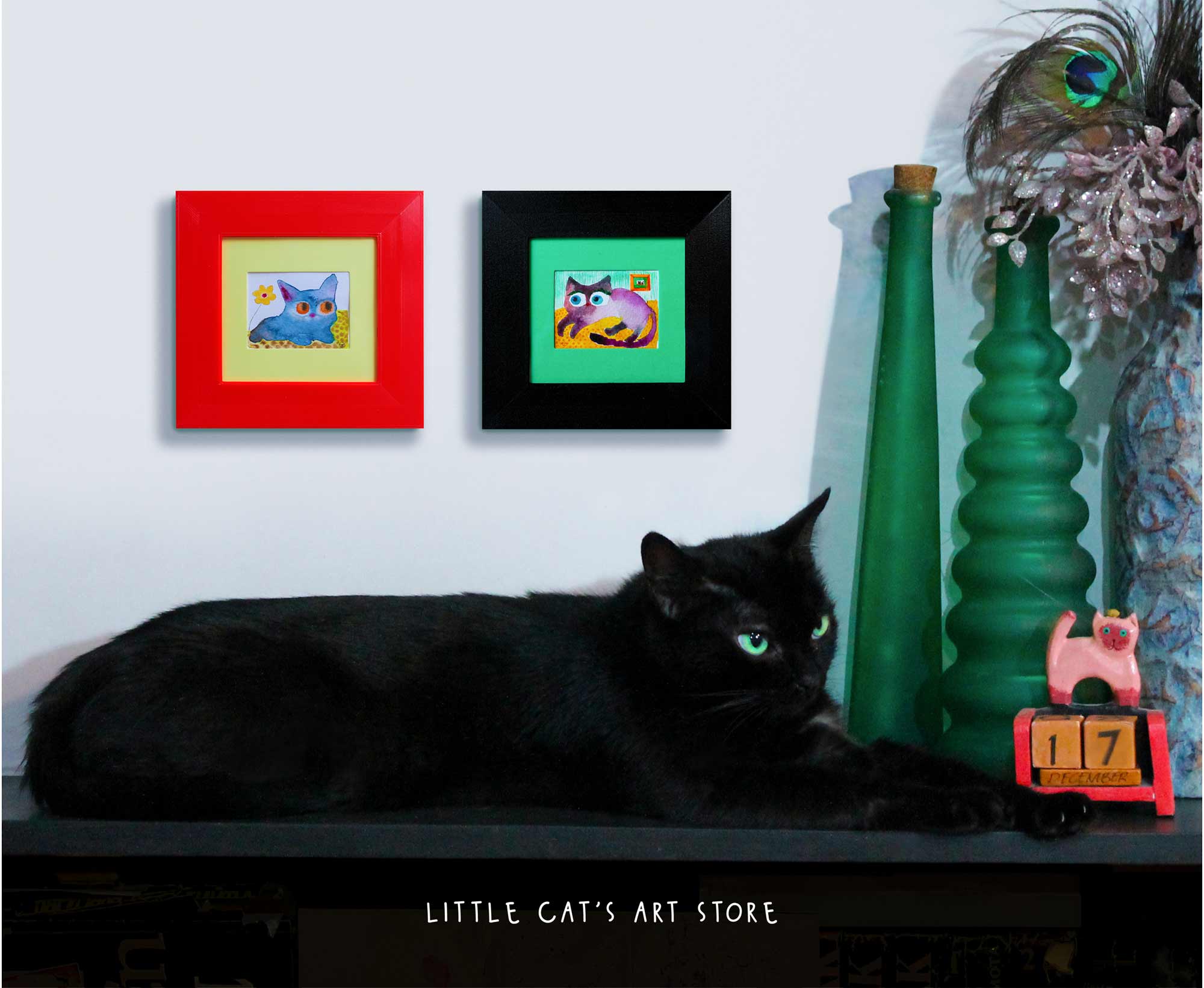 Two cat watercolours and a black cat