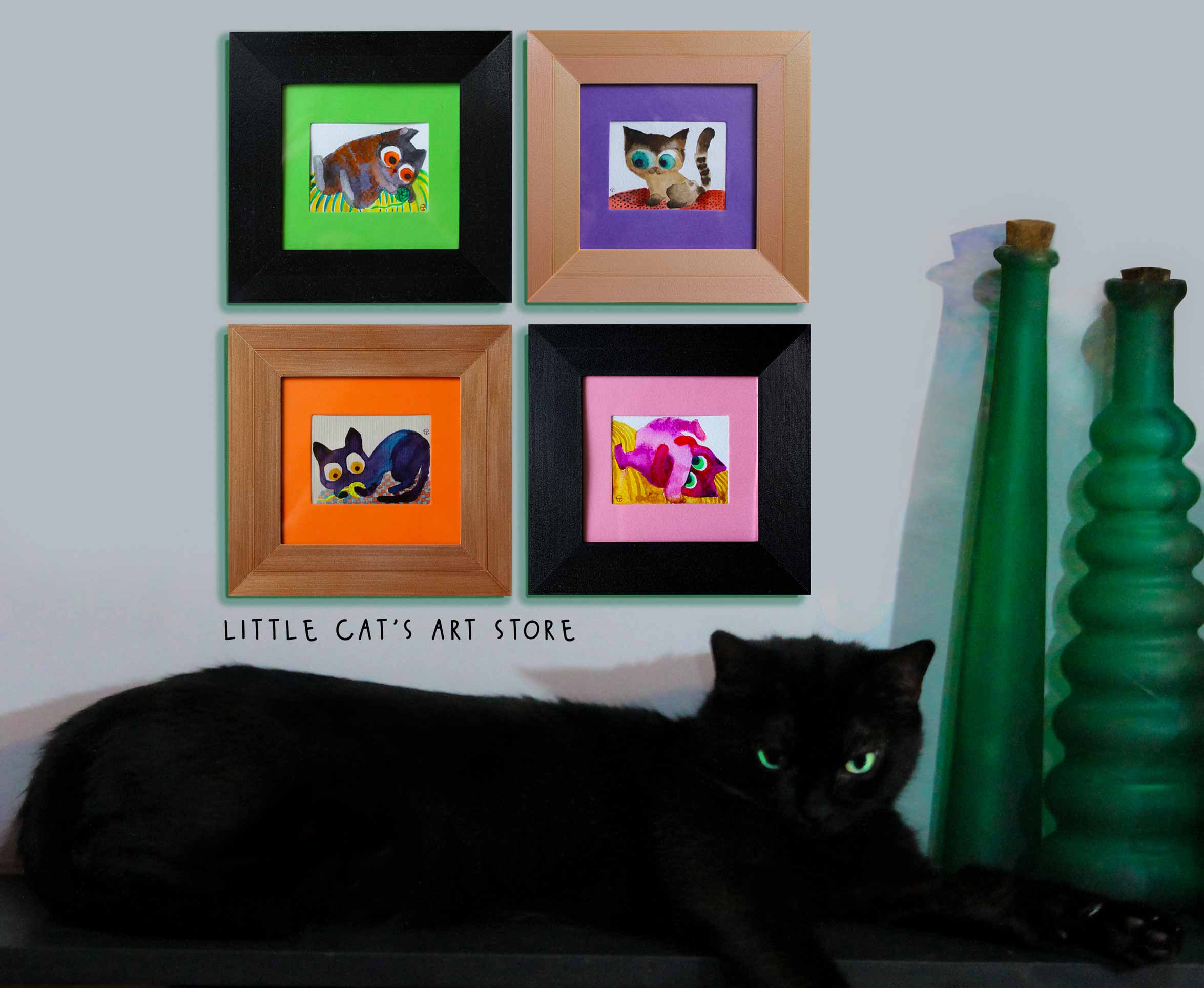 Set of four watercolour wall art and a black cat