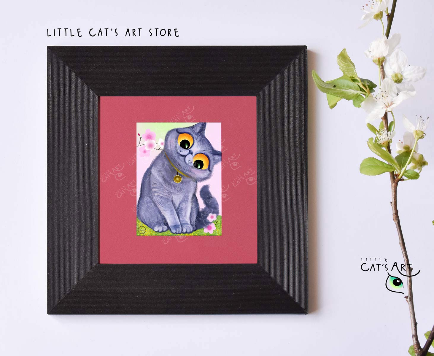 British Shorthair cat and blossom tree digital portrait