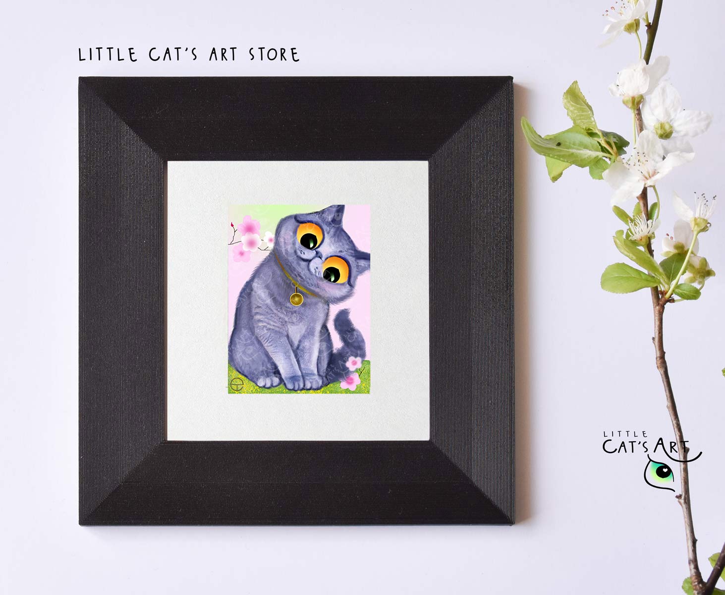 British Shorthair cat and blossom tree digital portrait