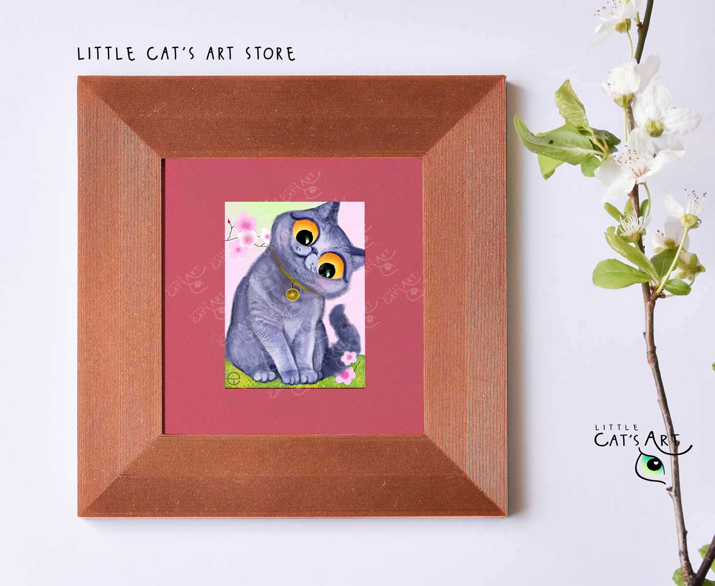 British Shorthair cat and blossom tree digital portrait