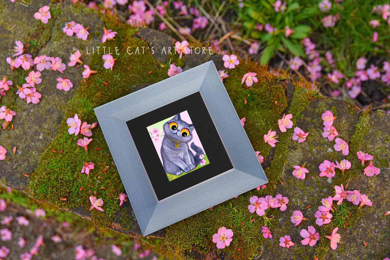 British Shorthair cat and blossom tree digital portrait in silver frame