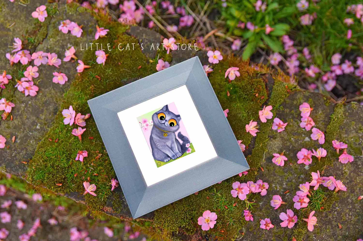 British Shorthair cat and blossom tree digital portrait in white frame