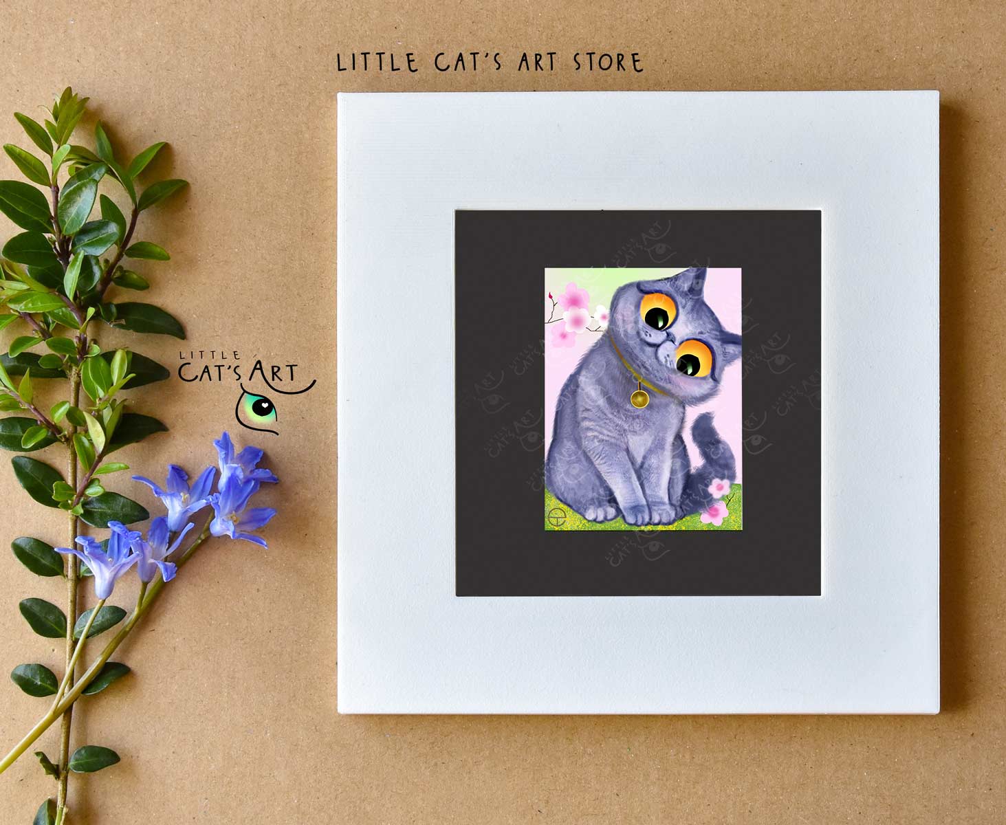British Shorthair cat and blossom tree digital portrait