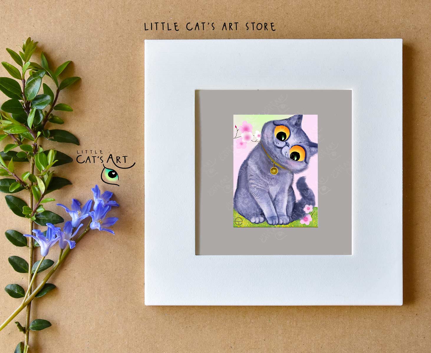 British Shorthair cat and blossom tree digital portrait