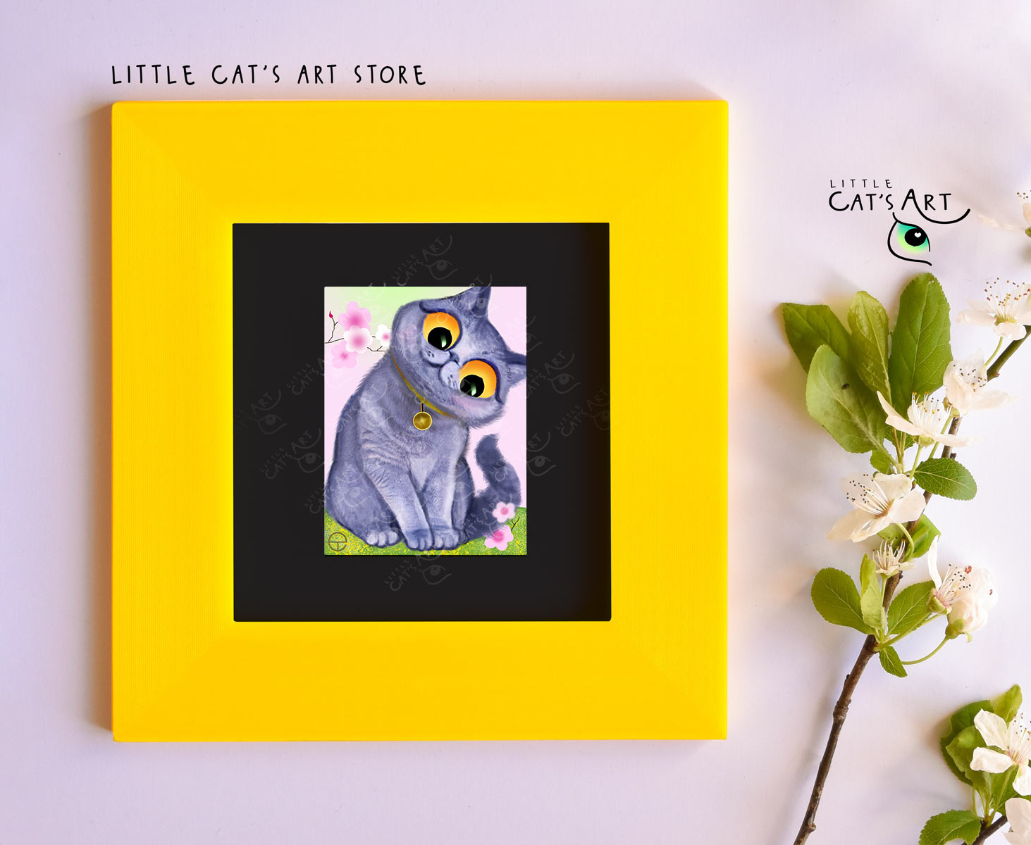 British Shorthair cat and blossom tree digital portrait