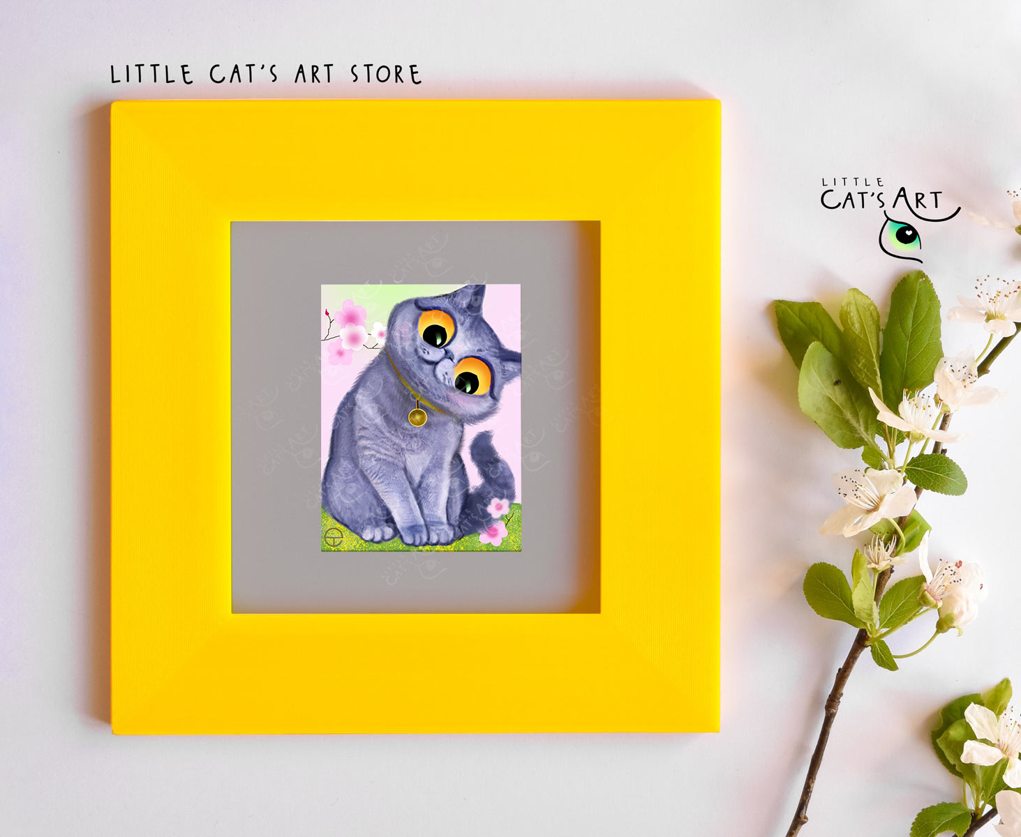 British Shorthair cat and blossom tree digital portrait