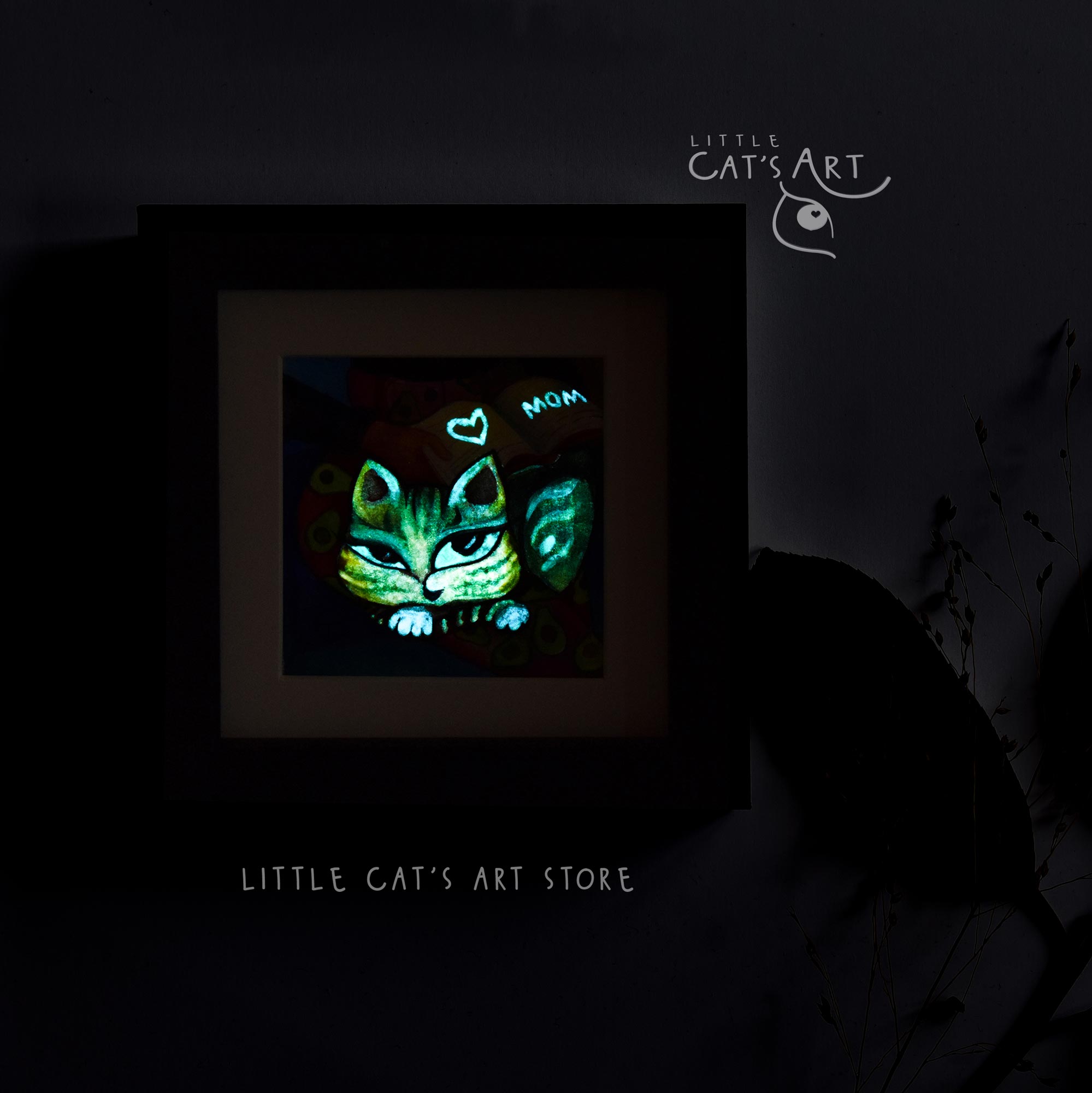 Tabby cat reading neon avocado story book painting