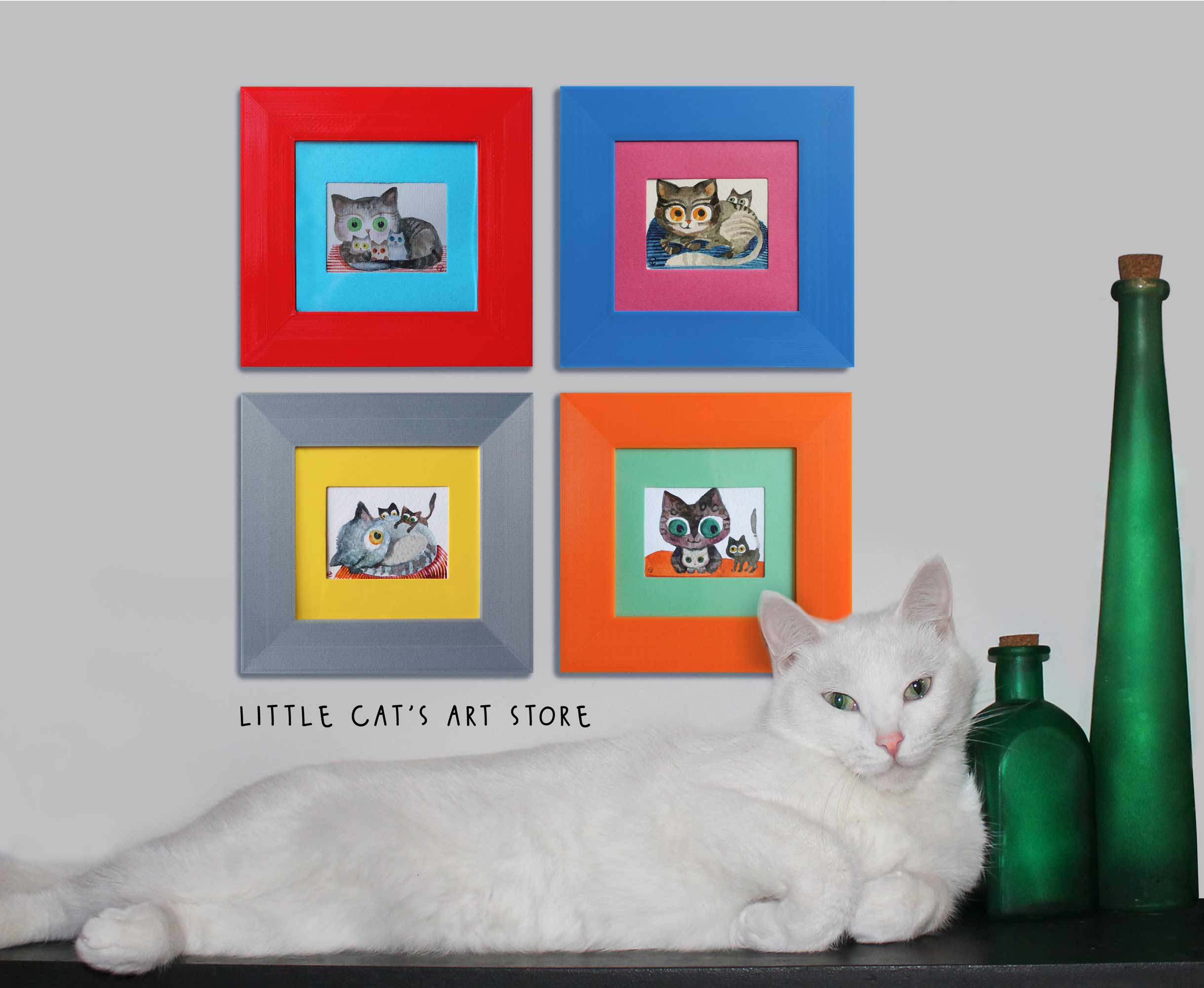 Four miniature watercolours and a white cat