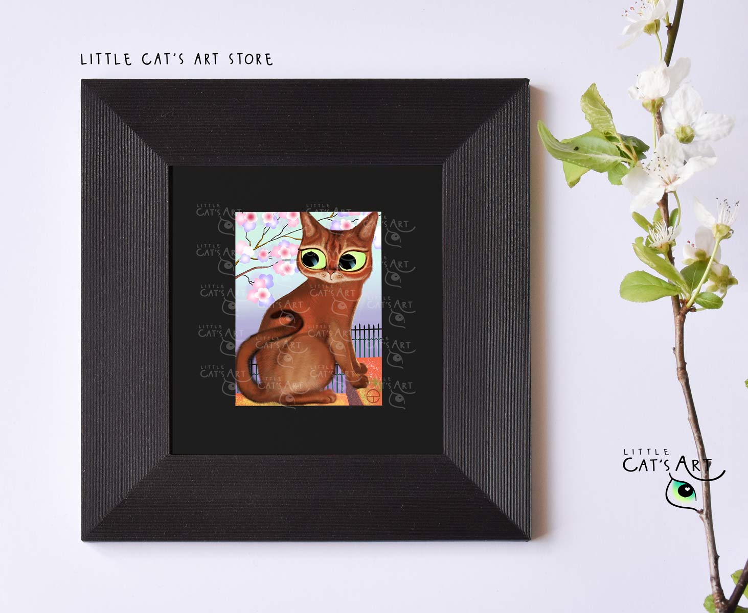 Abyssinian cat portrait print in black frame