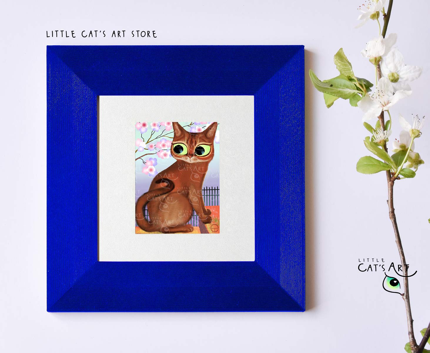 Abyssinian cat portrait print in blue frame