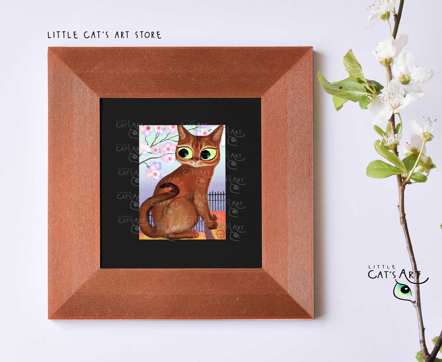 Abyssinian cat portrait print in copper frame