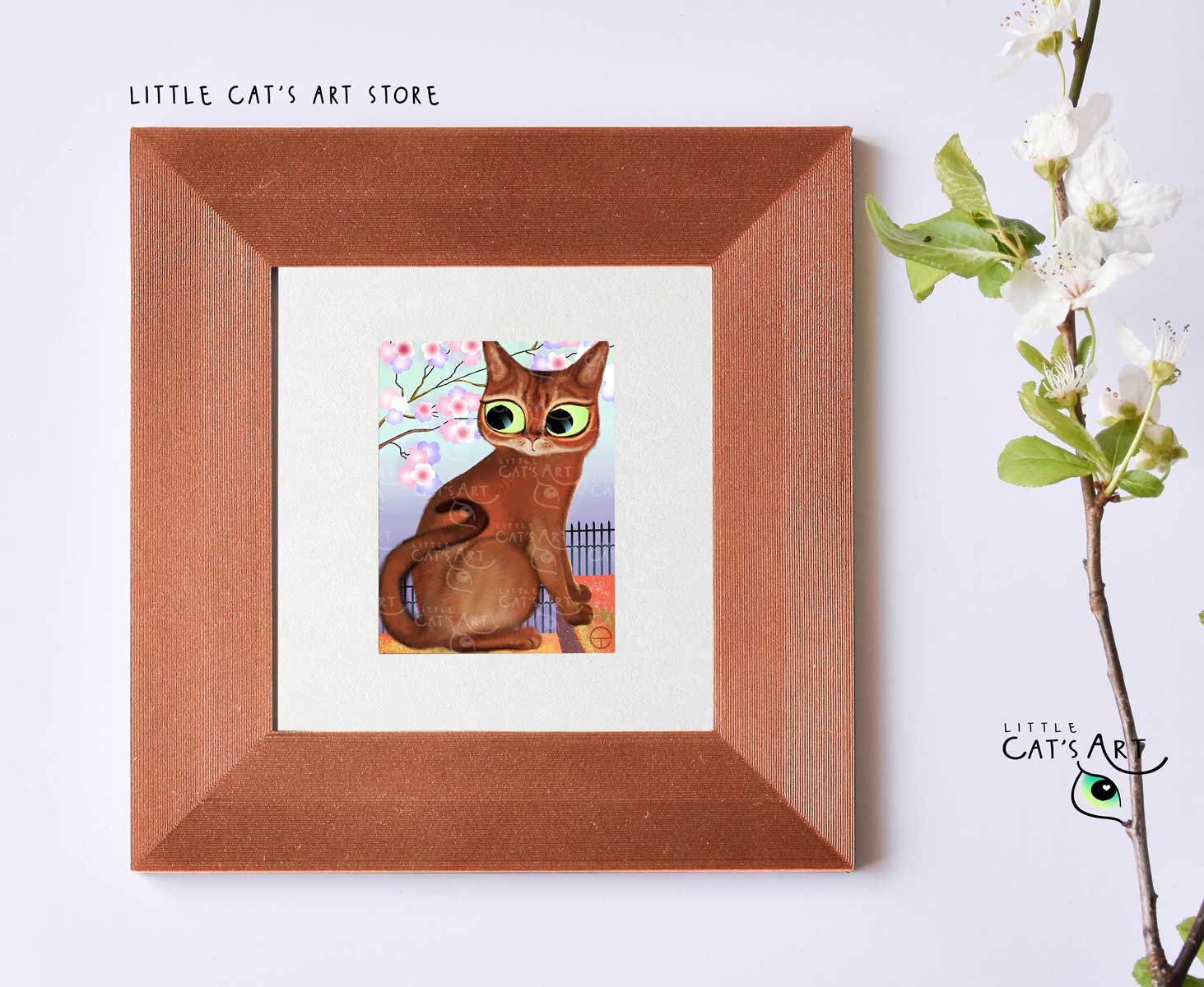Abyssinian cat portrait print in copper frame