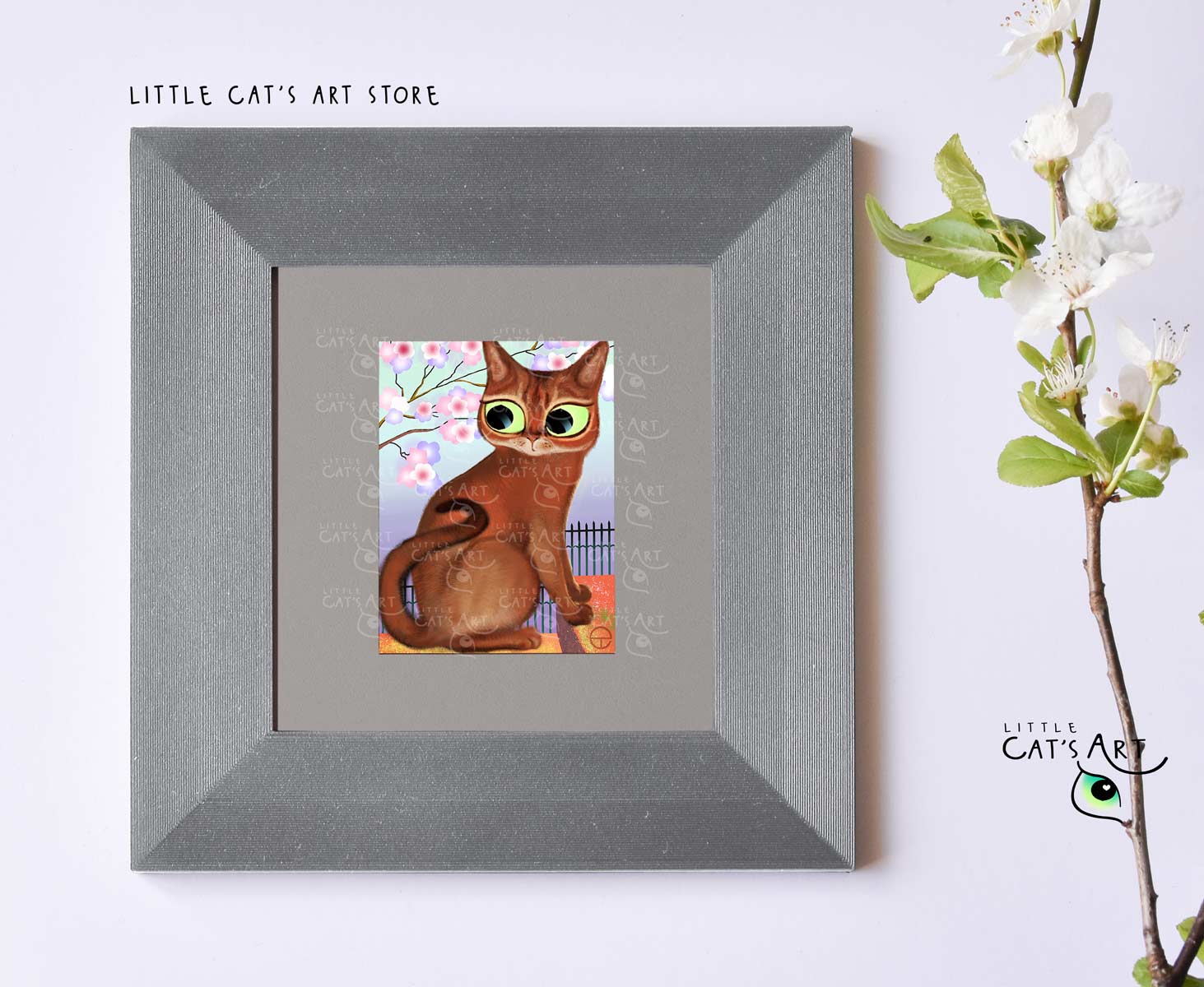 Abyssinian cat portrait print in silver frame