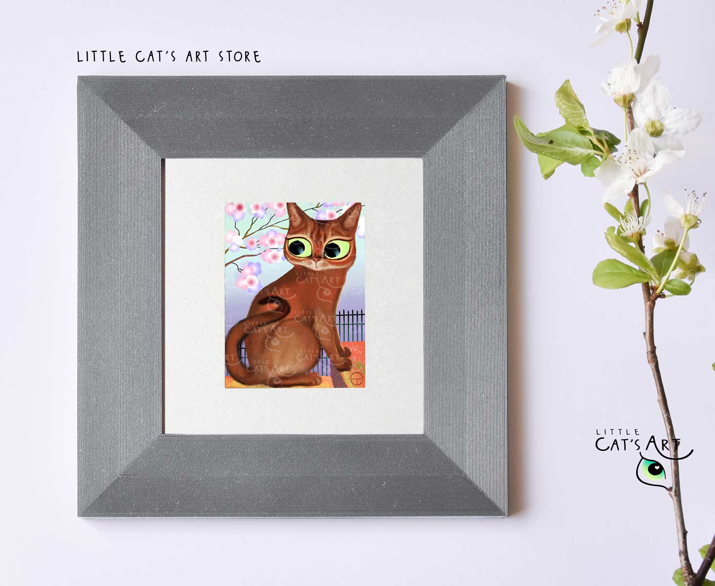 Abyssinian cat portrait print in silver frame