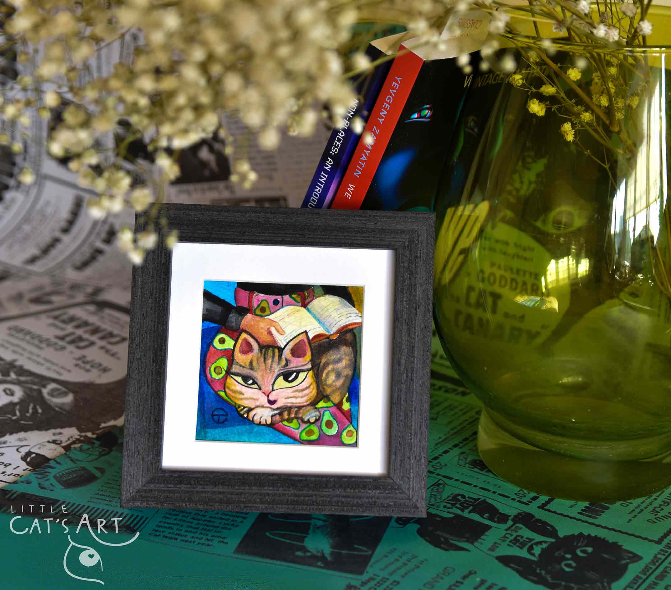 Tabby cat reading neon avocado story book painting