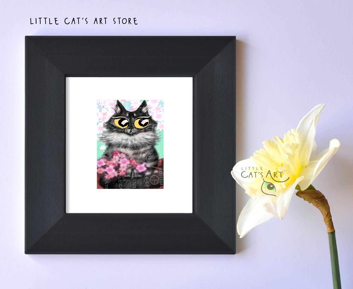 Maine Coon digital cat portrait during spring time in black frame