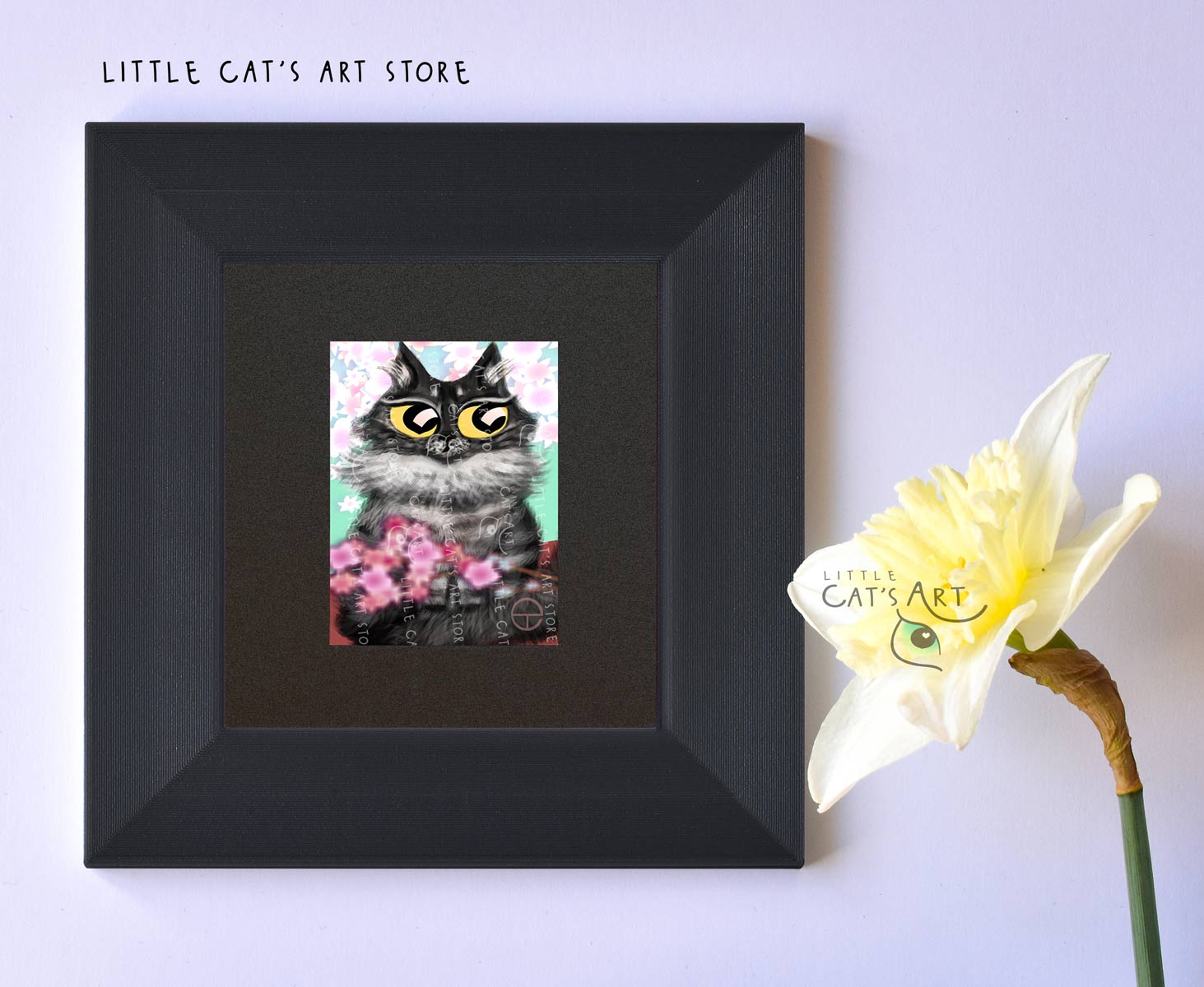 Maine Coon digital cat portrait during spring time in black frame