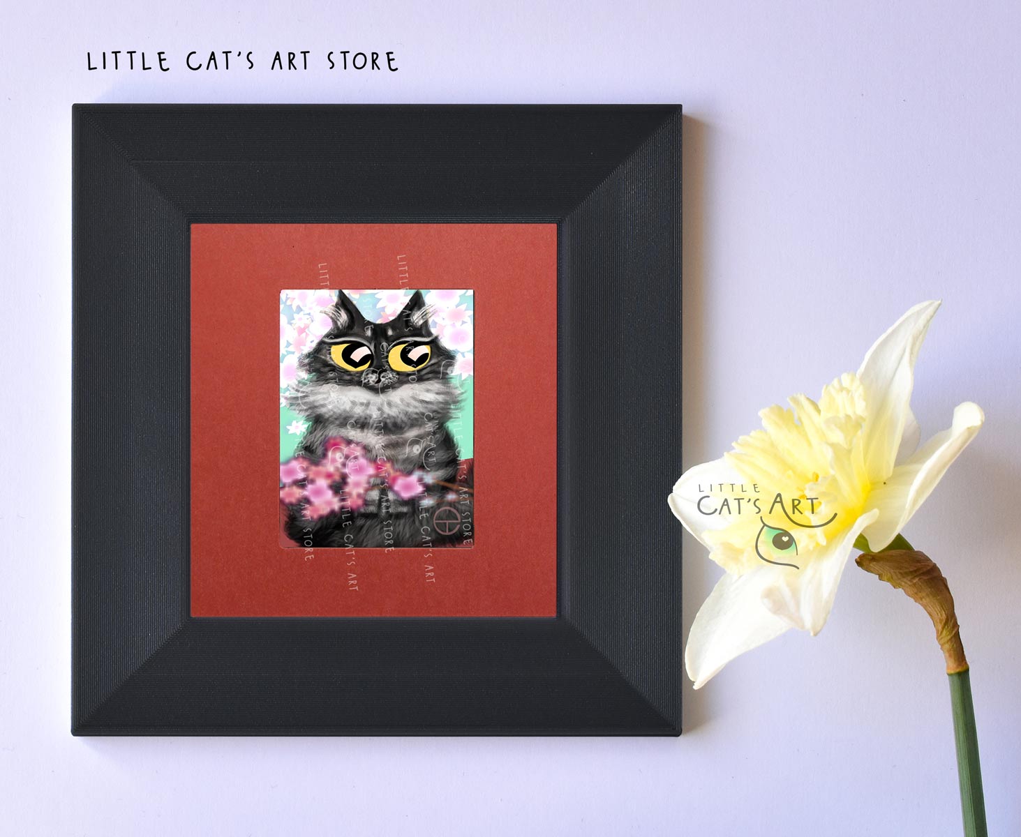 Maine Coon digital cat portrait during spring time in black frame