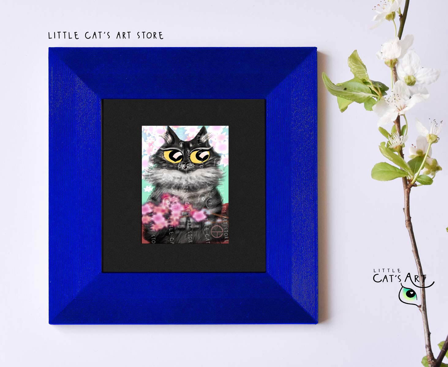 Maine Coon digital cat portrait during spring time in blue frame
