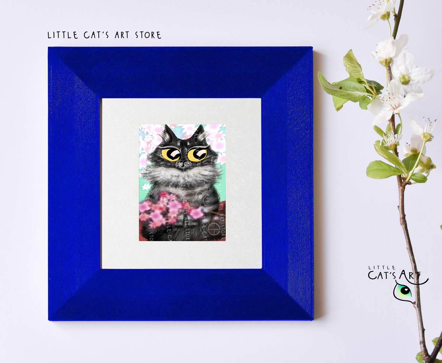 Maine Coon digital cat portrait during spring time in blue frame