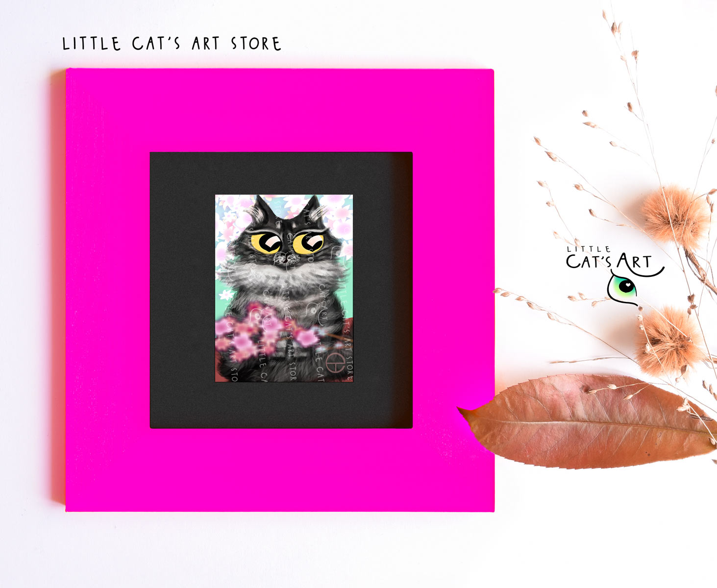 Maine Coon digital cat portrait during spring time in pink frame
