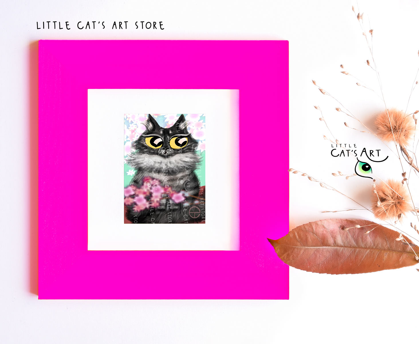 Maine Coon digital cat portrait during spring time in pink frame