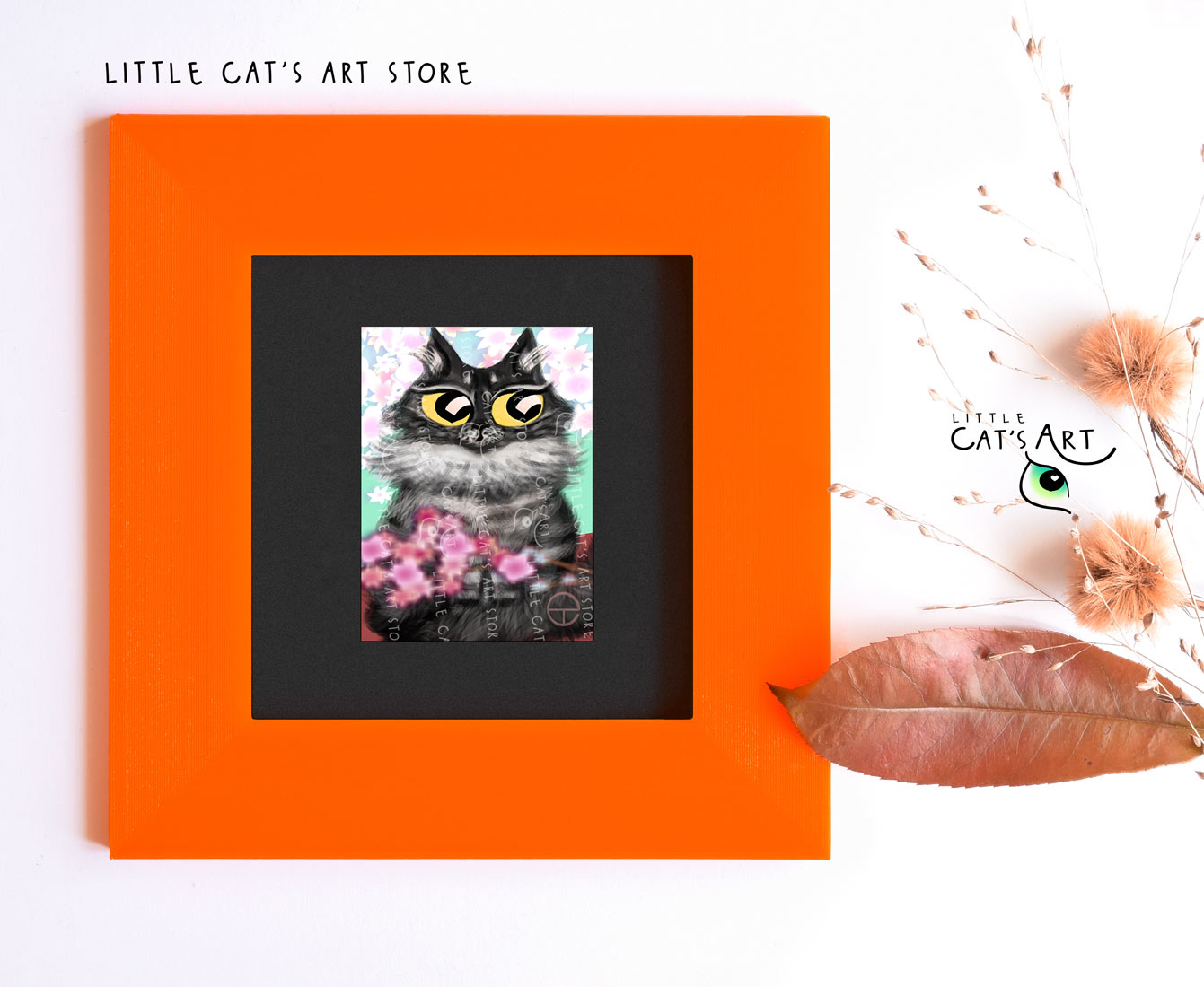 Maine Coon digital cat portrait during spring time in orange frame