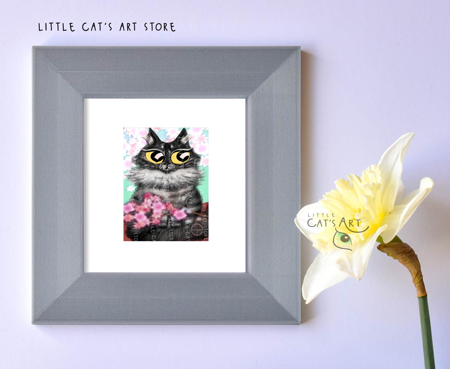 Maine Coon digital cat portrait during spring time in silver frame