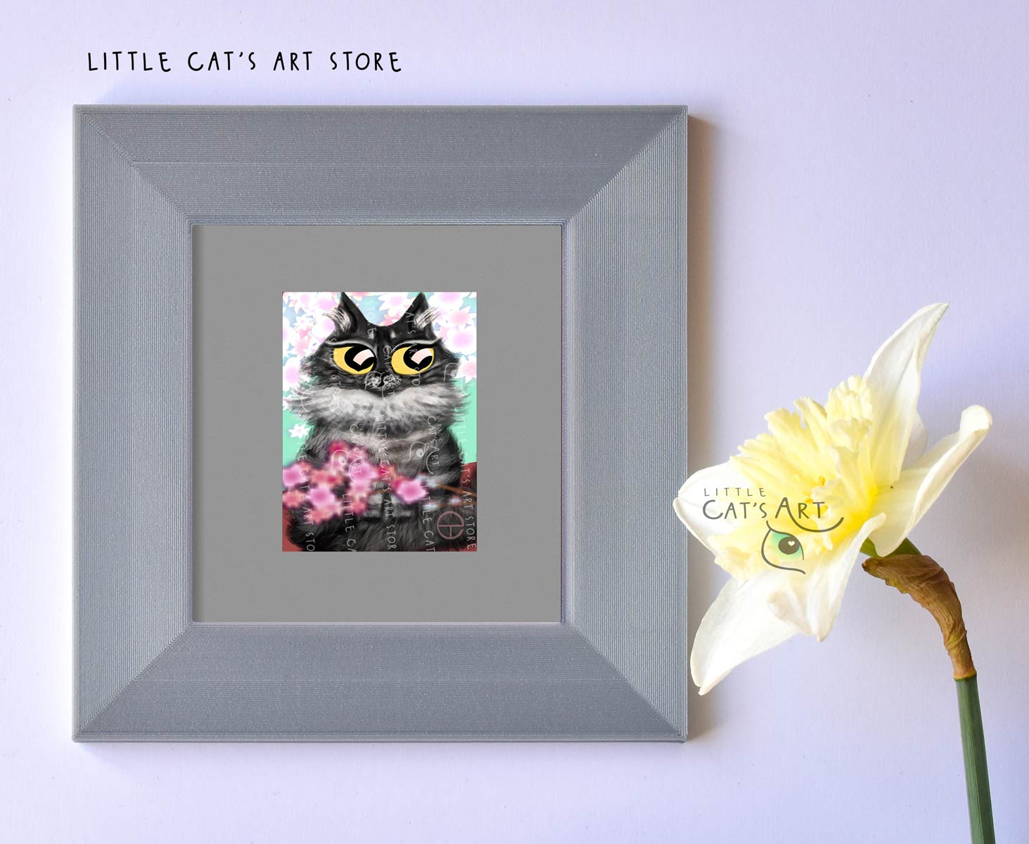 Maine Coon digital cat portrait during spring time in silver frame