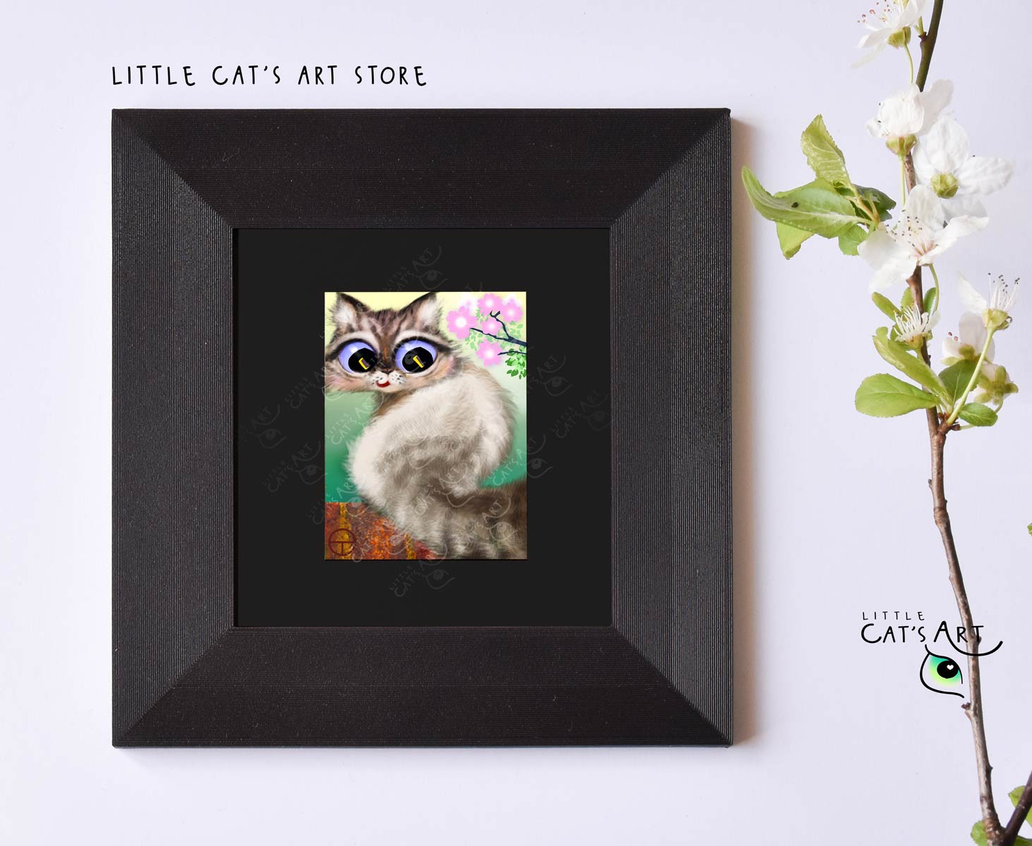 Felix the Neva Masquerade cat spring digital print in black frame