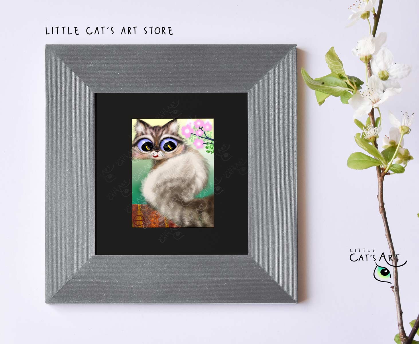 Felix the Neva Masquerade cat spring digital print in silver frame
