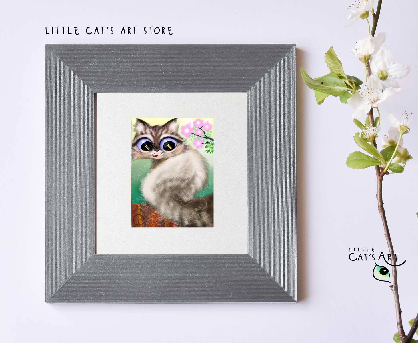 Felix the Neva Masquerade cat spring digital print in silver frame