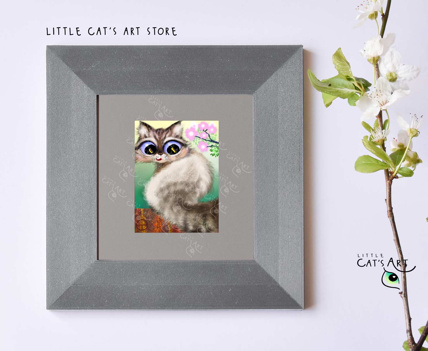 Felix the Neva Masquerade cat spring digital print in silver frame