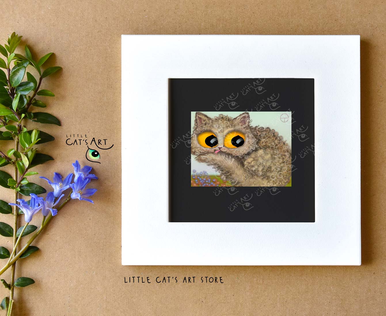 Selkirk Rex cat breed digital portrait in white frame