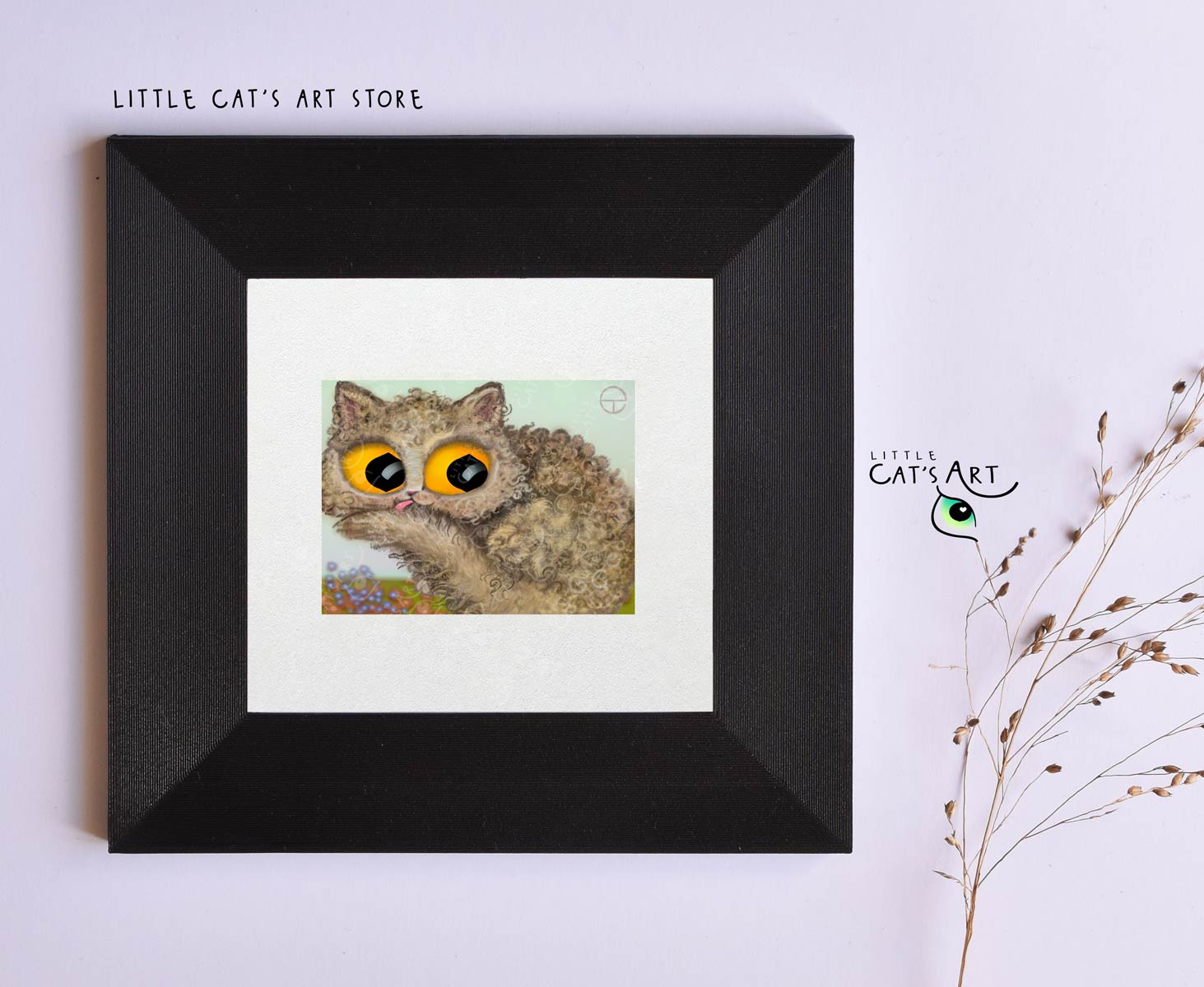 Selkirk Rex cat breed digital portrait in black frame