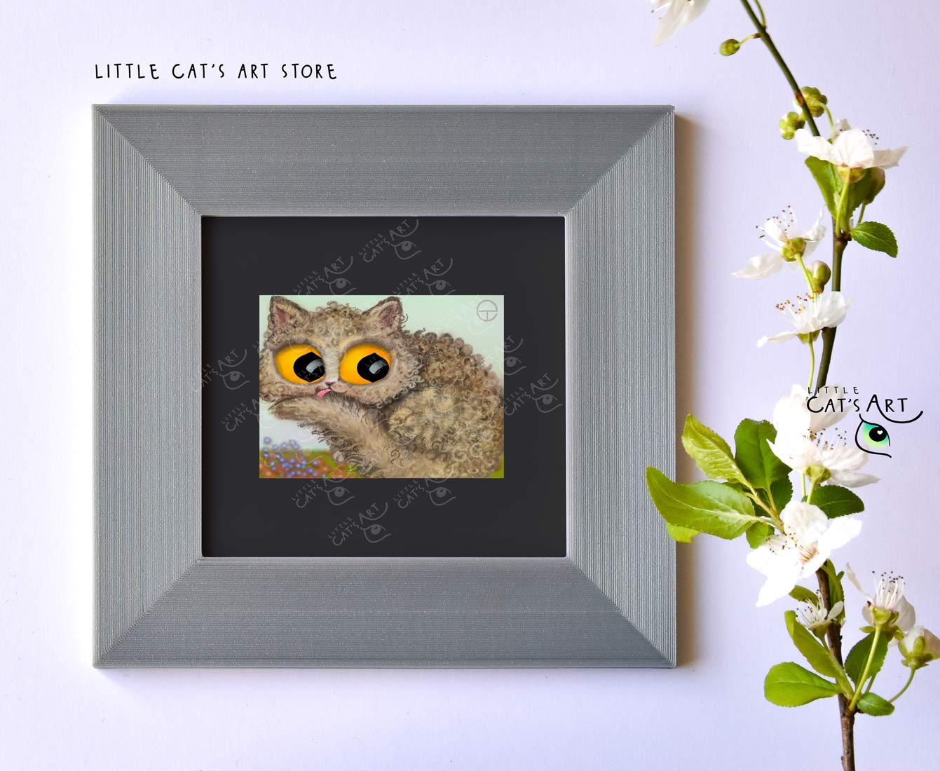 Selkirk Rex cat breed digital portrait in silver frame