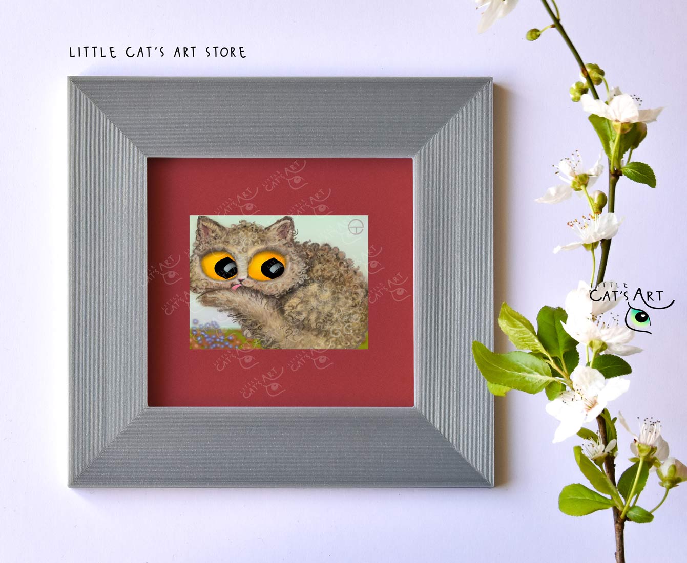 Selkirk Rex cat breed digital portrait in silver frame