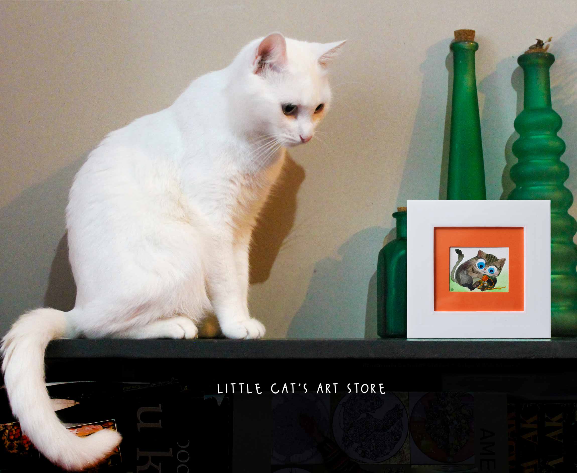 Miniature tabby cat watercolour and a white cat