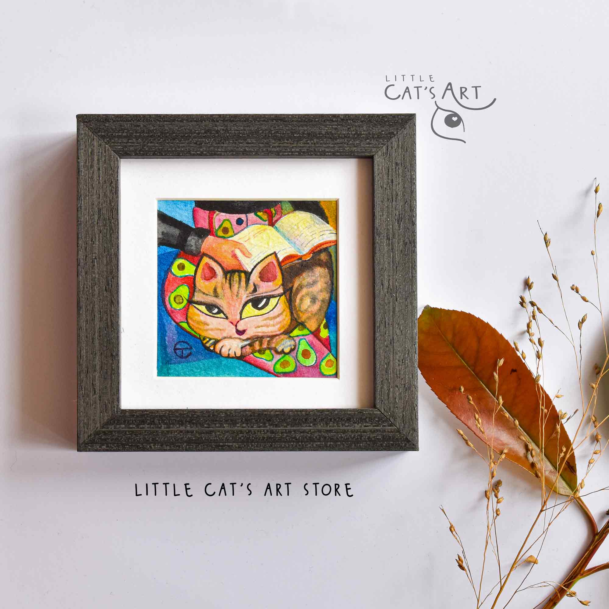 Tabby cat reading neon avocado story book painting