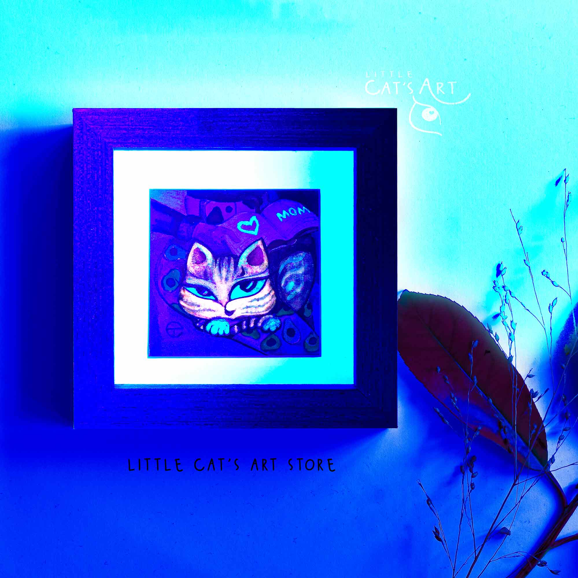 Tabby cat reading neon avocado story book painting