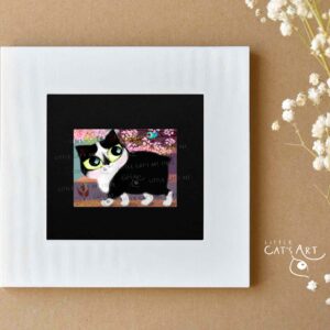 Black and white cat and blue bird spring digital portrait