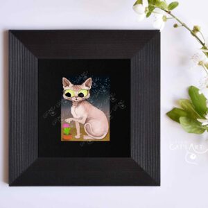 Digital painting print of Sphynx cat, cactus and stars