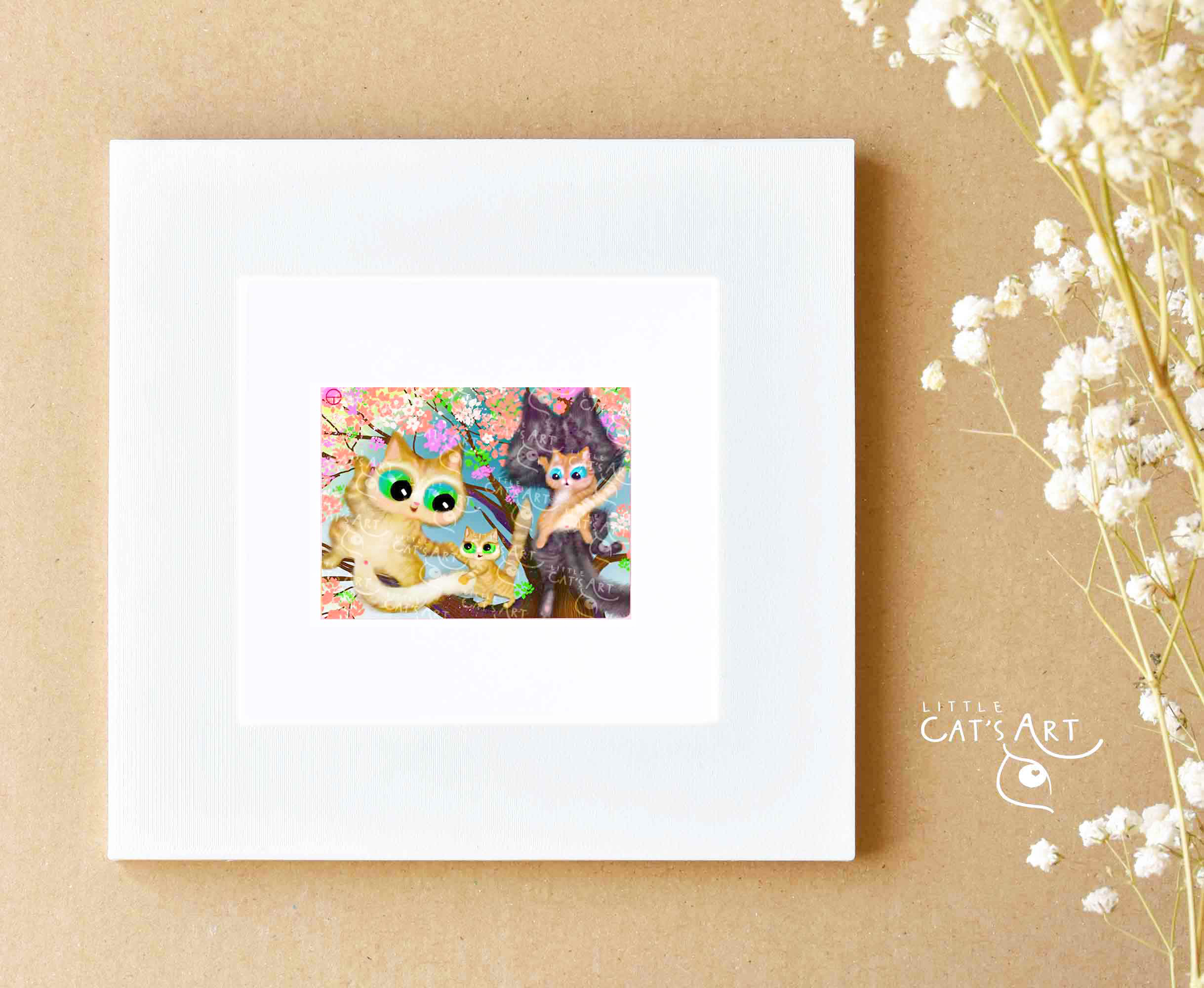 Happy cat family climbing on spring tree exercise