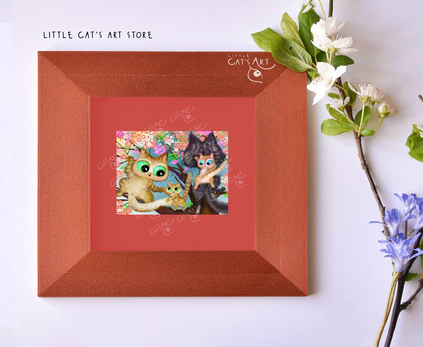 Happy cat family climbing on spring tree print in copper frame